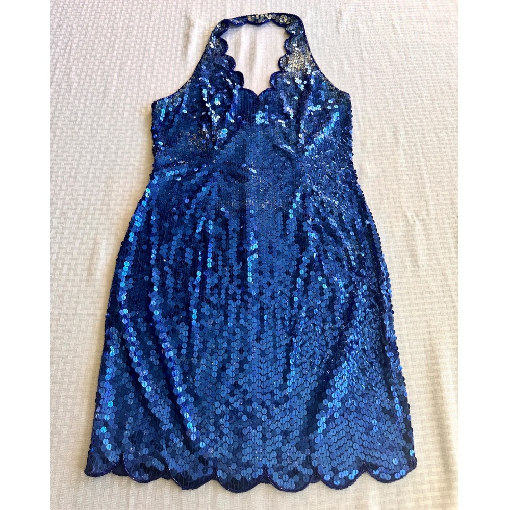 Niteline Della Roufogali Vintage Royal Blue Sequin Halter Scalloped Dress 12